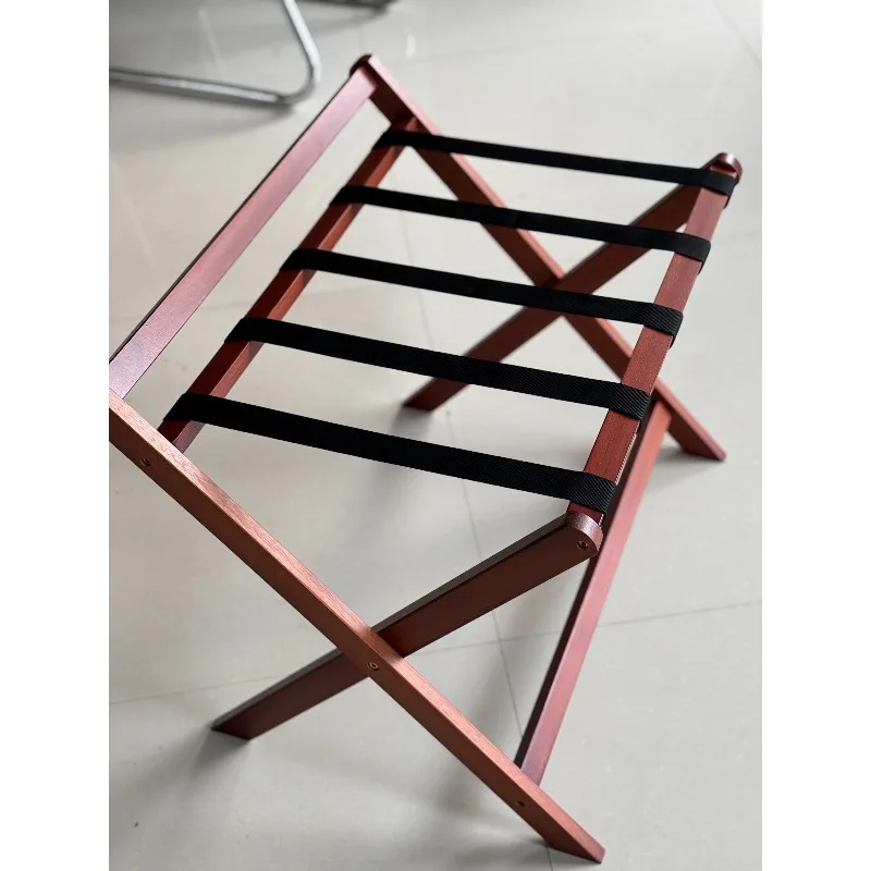Teak Luggage Rack with 5 Black Straps - Foldable Suitcase Stand for Hotel & Home, Durable Construction & Space-Saving Design