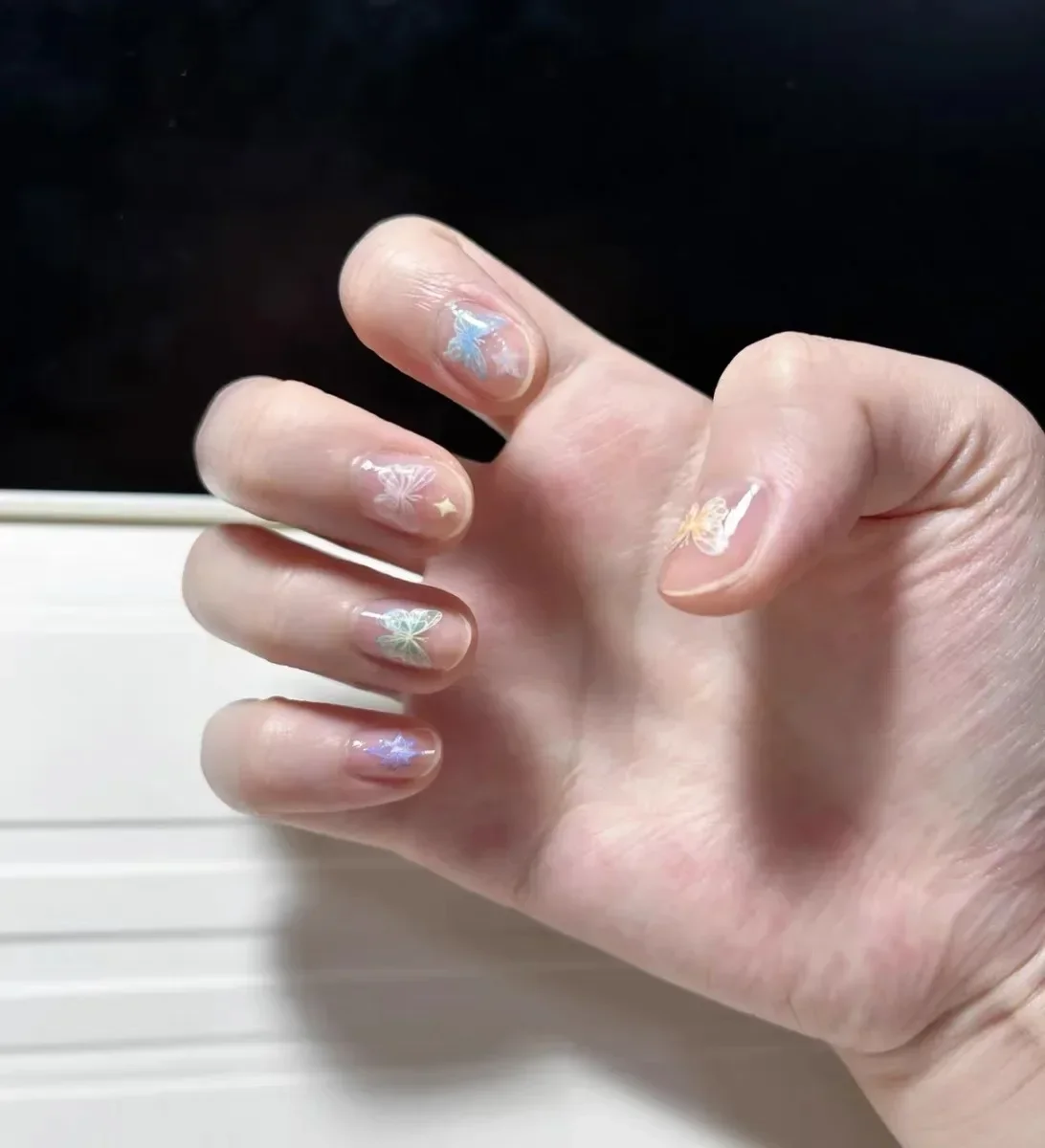 Borboleta asa flâmula Laser adesivos, Avançado gravado Nail Art adesivos, Fada colorida adesivos