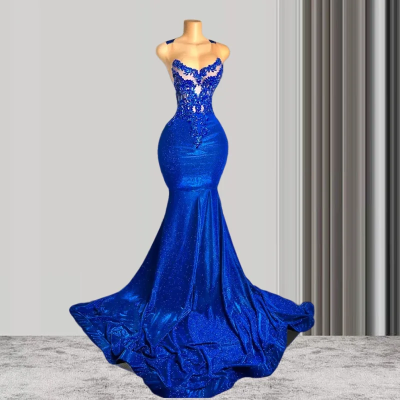 Royal Blue Long Black Girl Prom Dresses Luxury Beaded Embroidery Sexy Mermaid Style Prom Gala Party Gowns