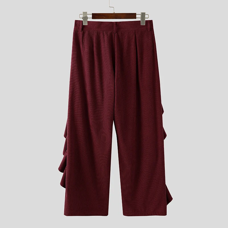 INCERUN الرجال السراويل بلون زر ركض فضفاض كشكش بناطيل كاجوال الرجال الشارع الشهير 2025 موضة الترفيه السراويل المستقيمة