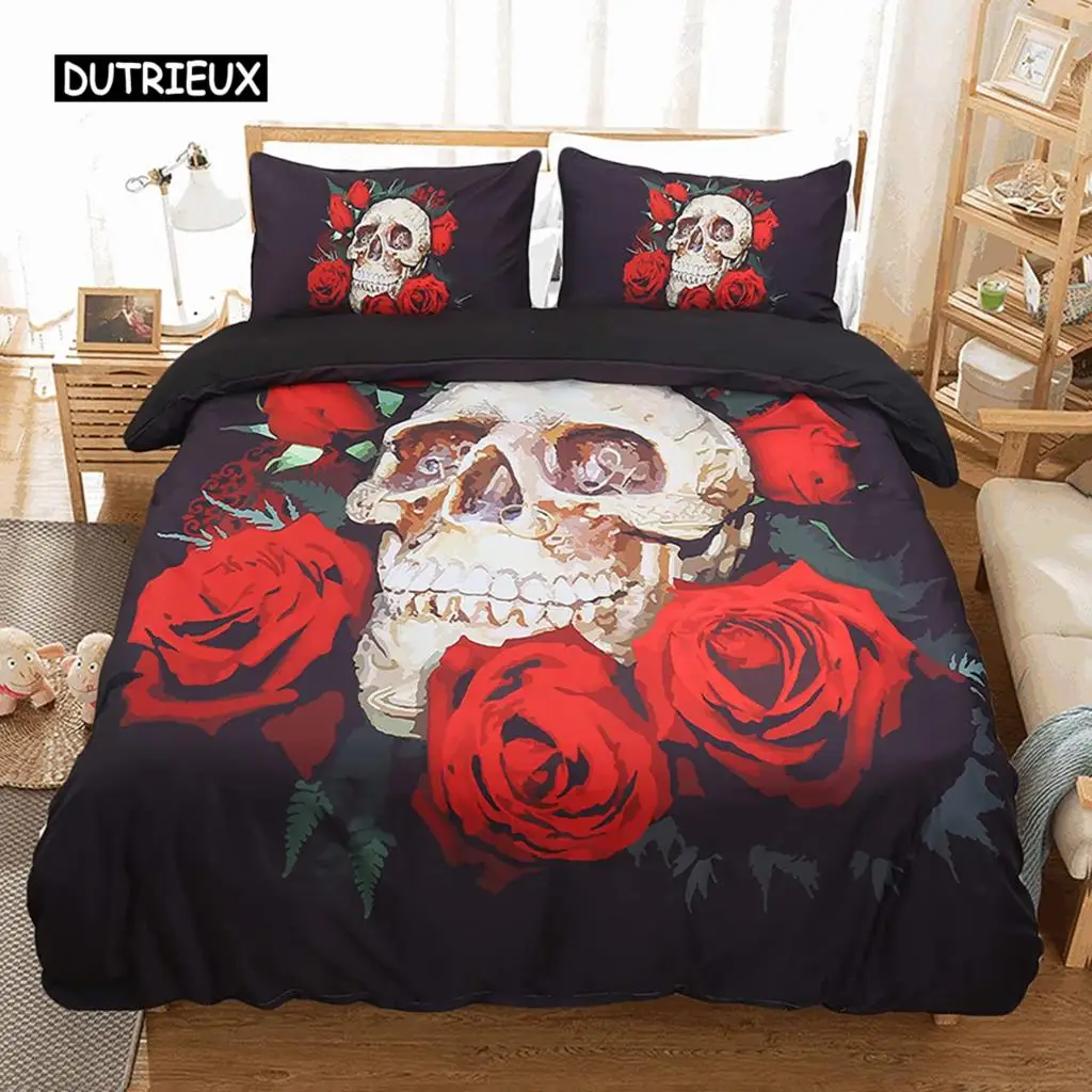 Red Rose Skull Bedding Duvet Cover Set 3D Floral Skull Printed Duvet Cover with Zipper,Soft Microfiber Gothic Decor Bedding Set