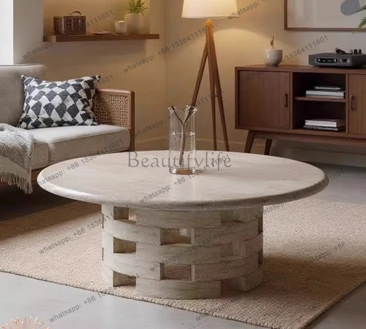 

Wabi-sabi style natural travertine coffee table vintage café designer creative round marble coffee table
