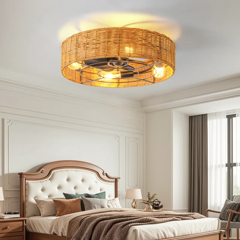 Hand Woven Bamboo and Rattan Fan Ceiling Lamp Chinese Zen Tea Room Lighting Fixture Japanese Ceiling Fan Lamp for Tea Room