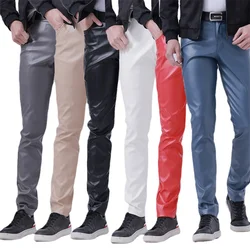 Youth Male Casual Leather Pants Fashion Men Bar KTV Performance Stage Pants Black Red Male Small Elastic Trousers