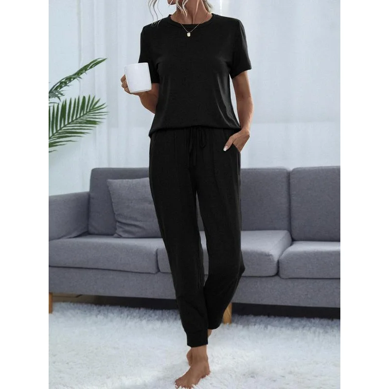 Women's Casual 2 Piece Outfits, Solid Round Ne Short Sleeve T-shirt & Cropped Poet Drawstring Pants Loungewear Set, Summer Outfi