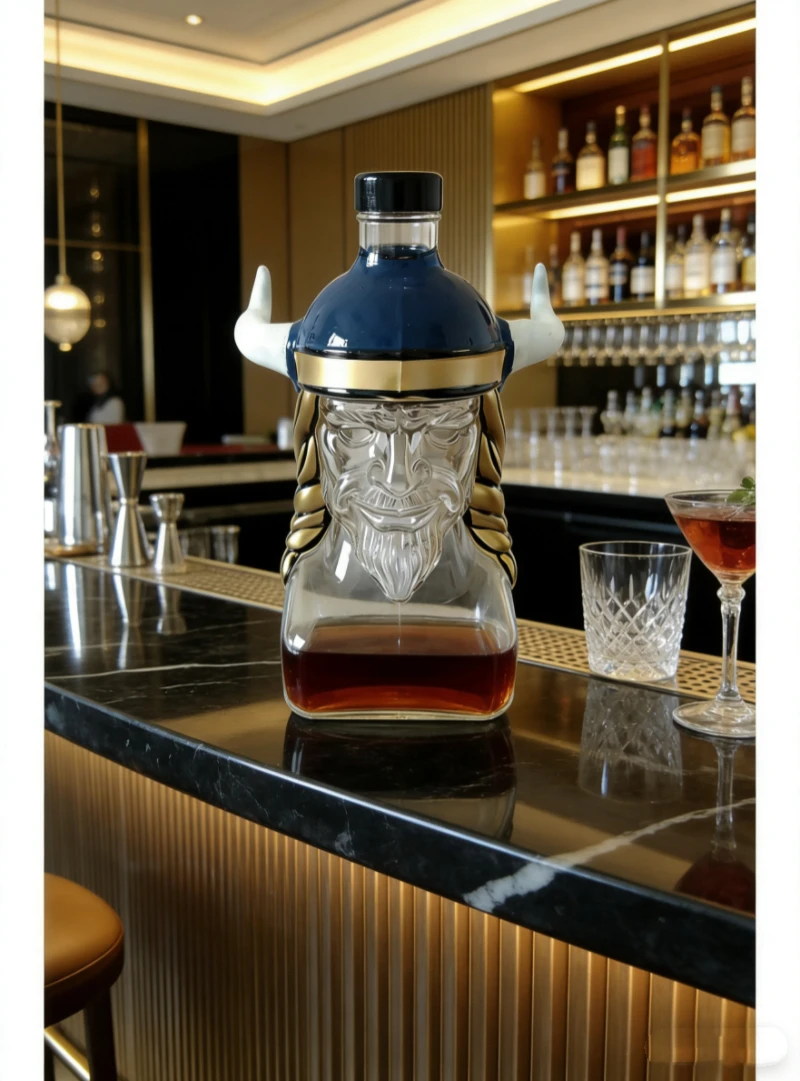 Nordic Viking modeling glass decanter,creative horn helmet character avatar bottle,household whiskey vodka foreign wine ornament