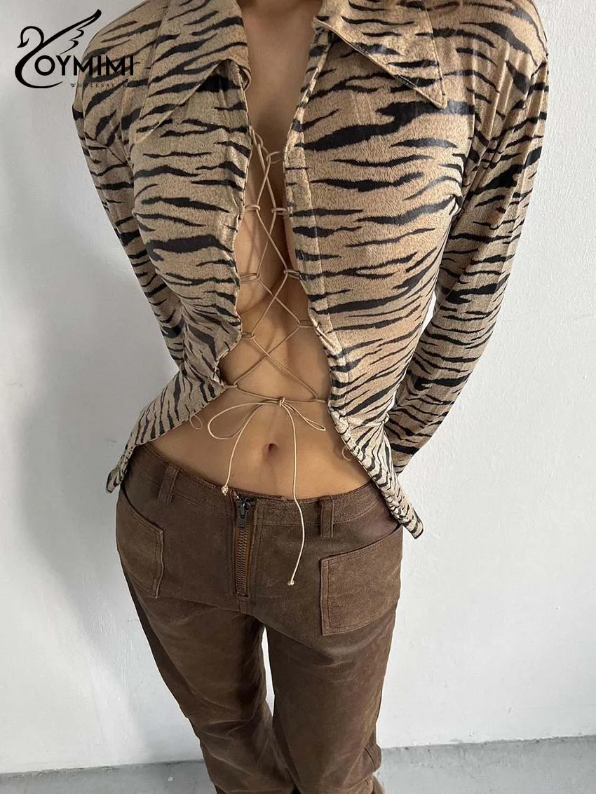 Oymimi Fashion Brown Print Women's Shirt Elegant Turn-Down Collar Long Sleeve Blouses Casual Lace-Up Slim Shirts Female Clothing
