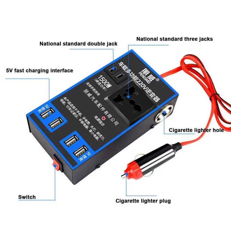 Inversor de corriente para coche, Adaptador convertidor de cargador de 1500W, 12V, 24V a 220V, para teléfono móvil, carga USB, para camión y casa