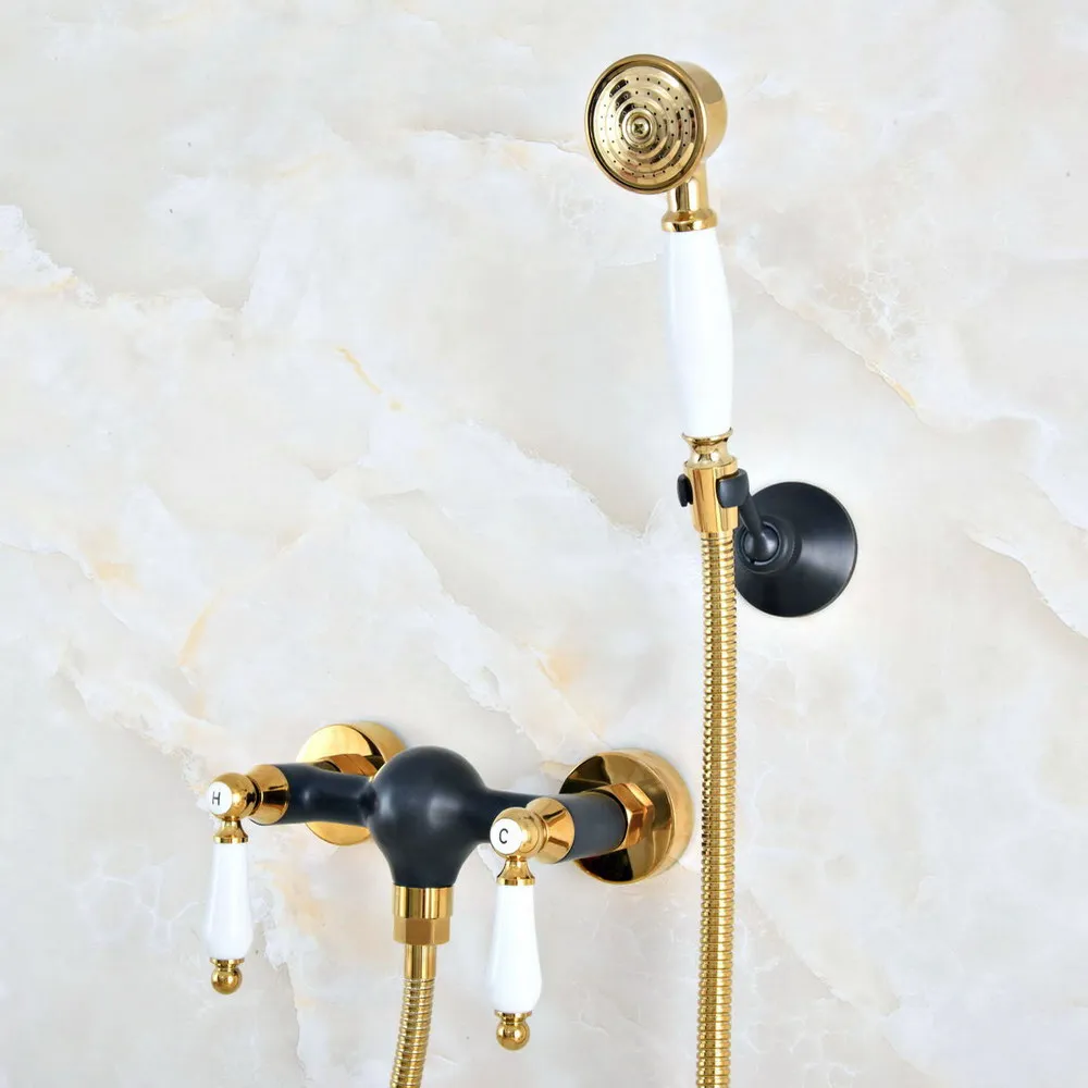 

Gold & Black Brass Wall Mounted Bathroom Hand Shower Faucet Set with 150CM Hose Handheld Spray Head Mixer Tap Dna501