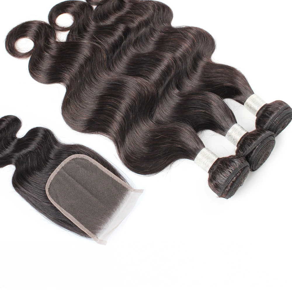 Body Wave 3 Bundles With 4x4 Lace Closure Indian Human Hair Extension 200g/Set Natural Color Hair Transparent Swiss Lace Almac