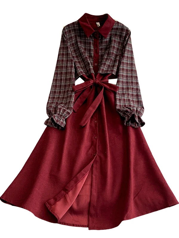 Retro Plaid irt Kragen Dr frauen Frühling Herbst Einzigen Taste Abnehmen Langen Rock Hohe Taille A-Line Dr Taste Verschluss