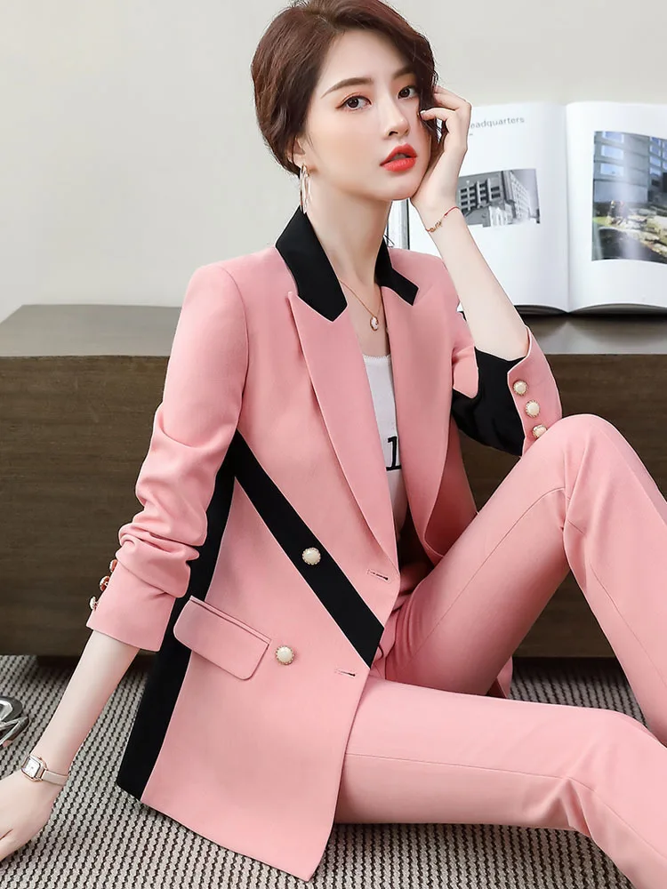 Yellow Contrast Color Women Suits Office Sets New Slim Long Sleeve Double Breasted Blazers Chic Casual Pants Suits