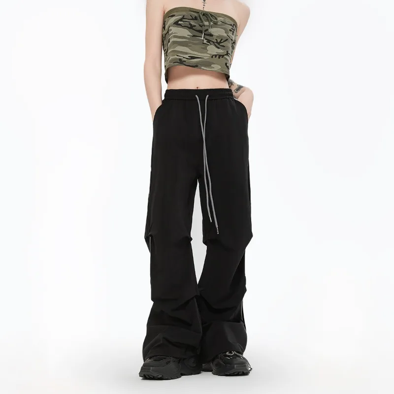 Shpmishal Pleated Quick Drying American Fashion Casual Straight Leg Pants 2024 Women's Retro Loose and Slimming Wide Leg Pants