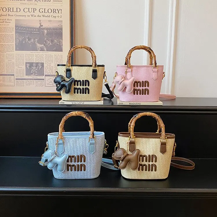 

2026 Spring and Summer Fashion Contrast Straw Bamboo Basket Bag Bucket Bag Handbag One Shoulder Crossbody Bag Women's Bag