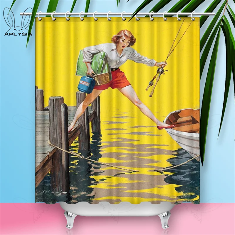 Custom Sexy Girl Hot Breast Shower Curtains European Retro Woman Skirt Dress Daily Waterproof Polyester Fabric Bathroom Curtain