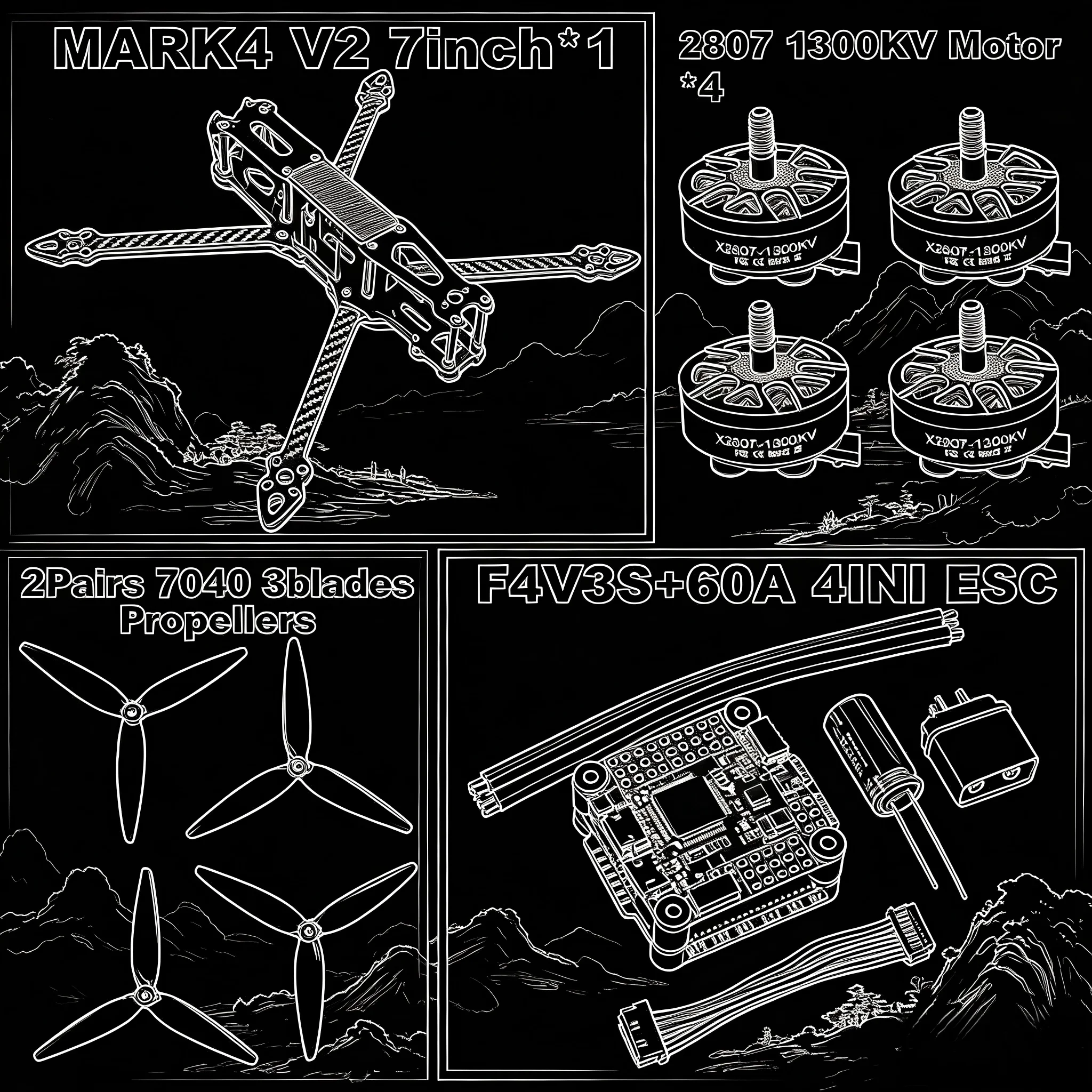 

Sky MARK4 V2 7-inch F4V3S/F4V3S PLUS Flight Control 45/60A 4INI ESC rack Drone carbon fiber PV Racing Drone Quadcopter Freestyle
