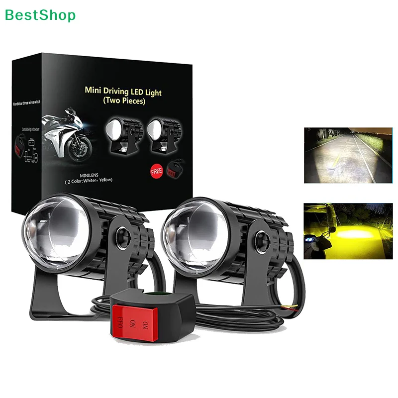 

✍2Pcs Dual Color LED Motorcycle Headlights - Mini Driving Spotlights with Switch for Off-Road & Street Bikes