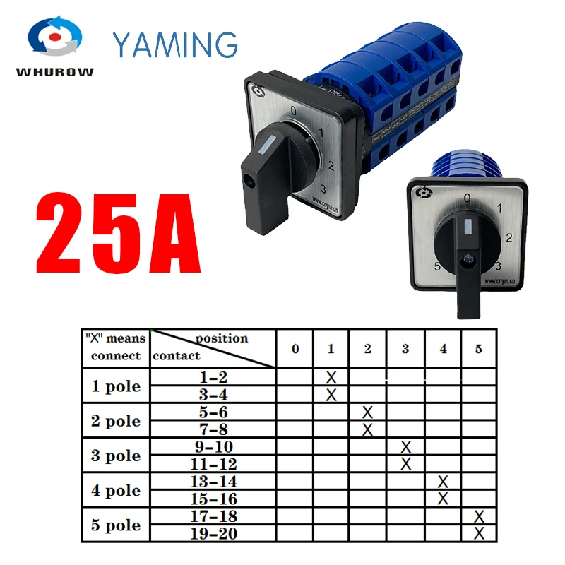 LW26-25/5 Rotary Cam Switch Knob 6 Position 0-5 Changeover Selector 20/25A 5 Poles 20 Terminals Silver Contact