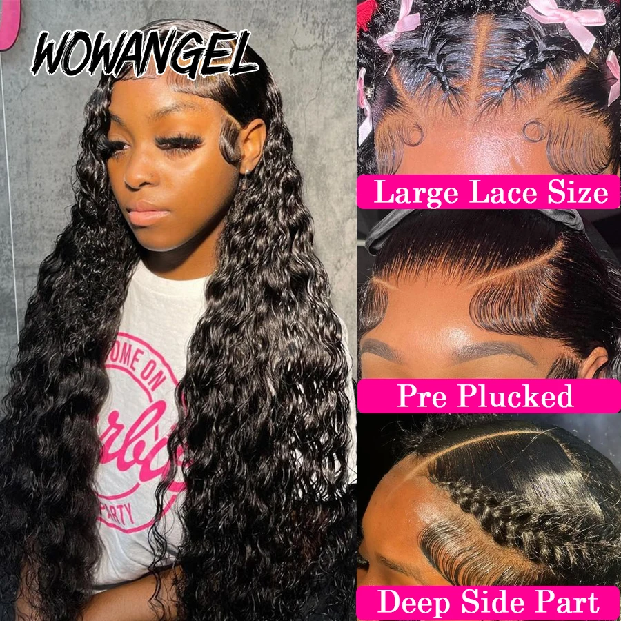 WowAngel 34in Water Wave Remy Hair 250% 13x6 HD Frontal Wigs Melt Skins Human Hair Wigs Pre Plucked Remy Brazilian Curly Wigs