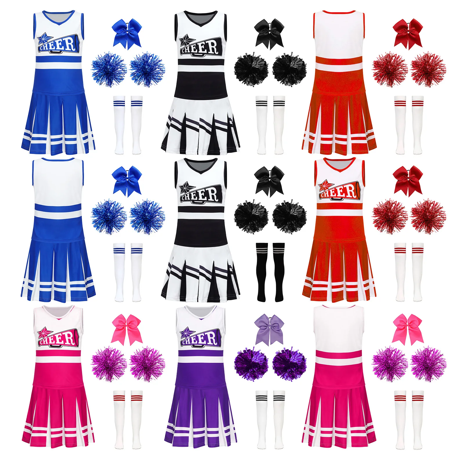 Big Girls Cheerleading Outfits Halloween Fancy Dress Cheer Leader Costume Sleeveless Dance Vest and Skirt Pompom Socks Dancewear