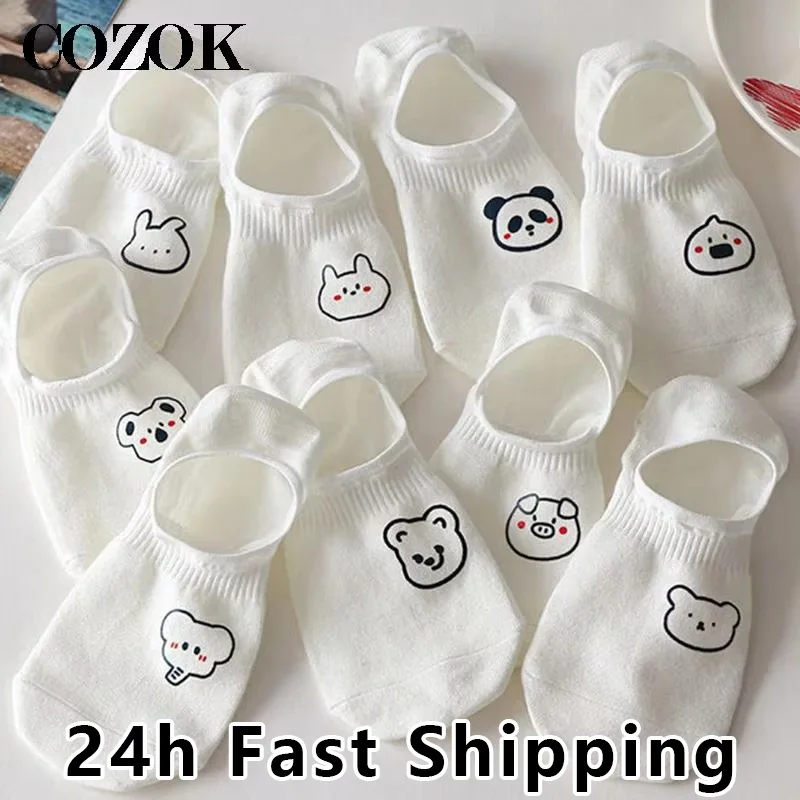 10pcs=5 Pairs Women Low Cut Socks Rabbit Animal Style Cotton Casual Women Streetwear Cute Funny Socks Happy Invisible Boat Socks