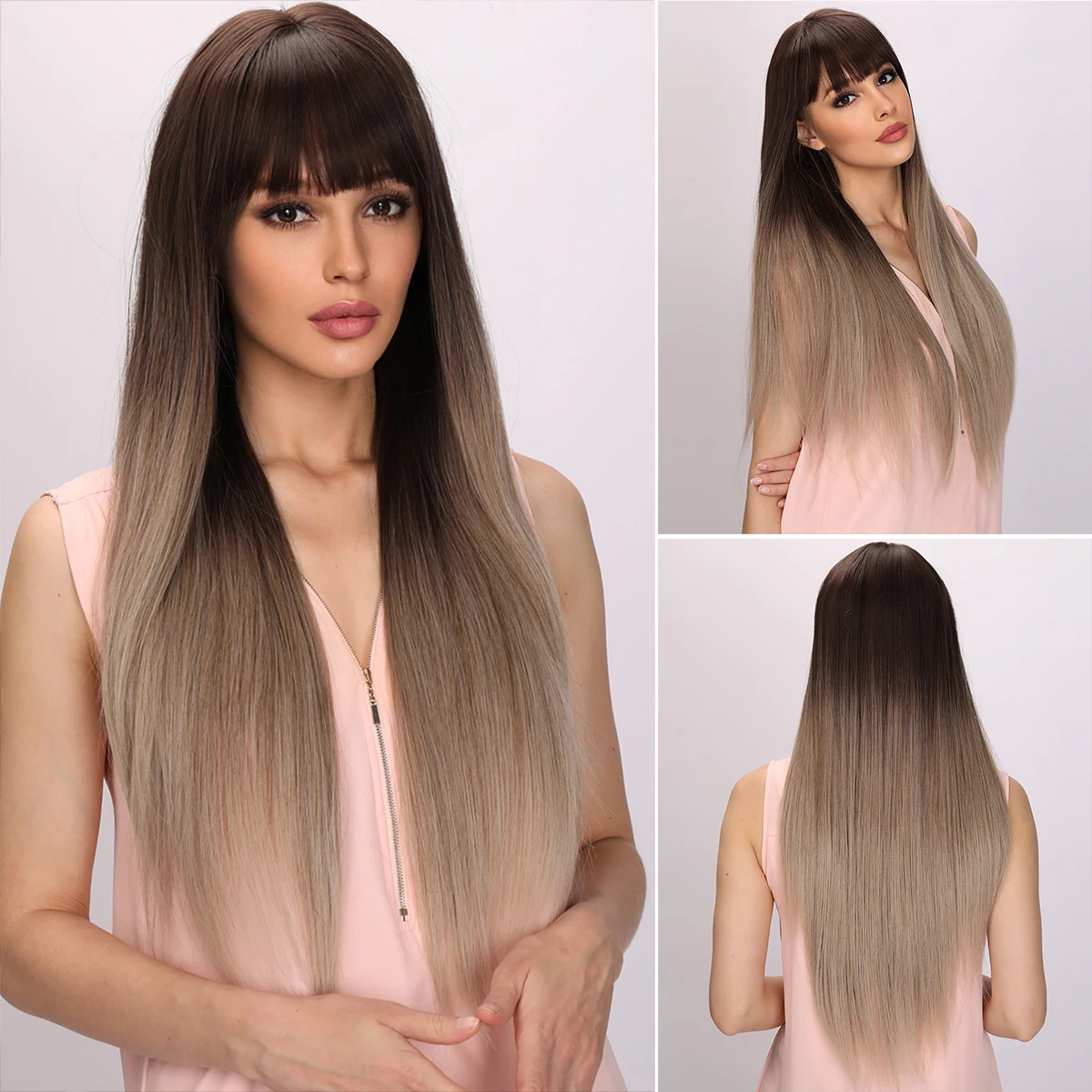 

Smilco Omber Grey Brown Synthetic Wigs With Flat Bangs For Women Long Straight Hair Wig Natural Cosplay Party Heat Resistant