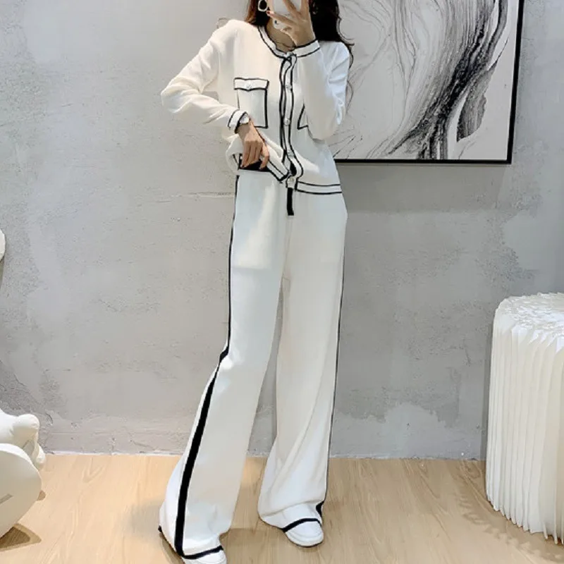 Korean Casual Loose Knitted 2-piece Set for Autumn/Winter Women's Set New Fashion Professional Set Cardigan+Wide Leg Pants Suit