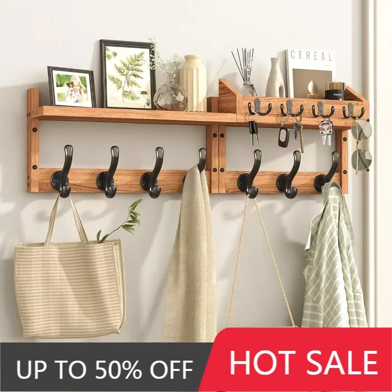 Wooden Coat Rack Wall Mounted Hanger Entrance Handbag Hat Clothes Scarf Organizer Wall Hooks With Storage Shelf Home Decor