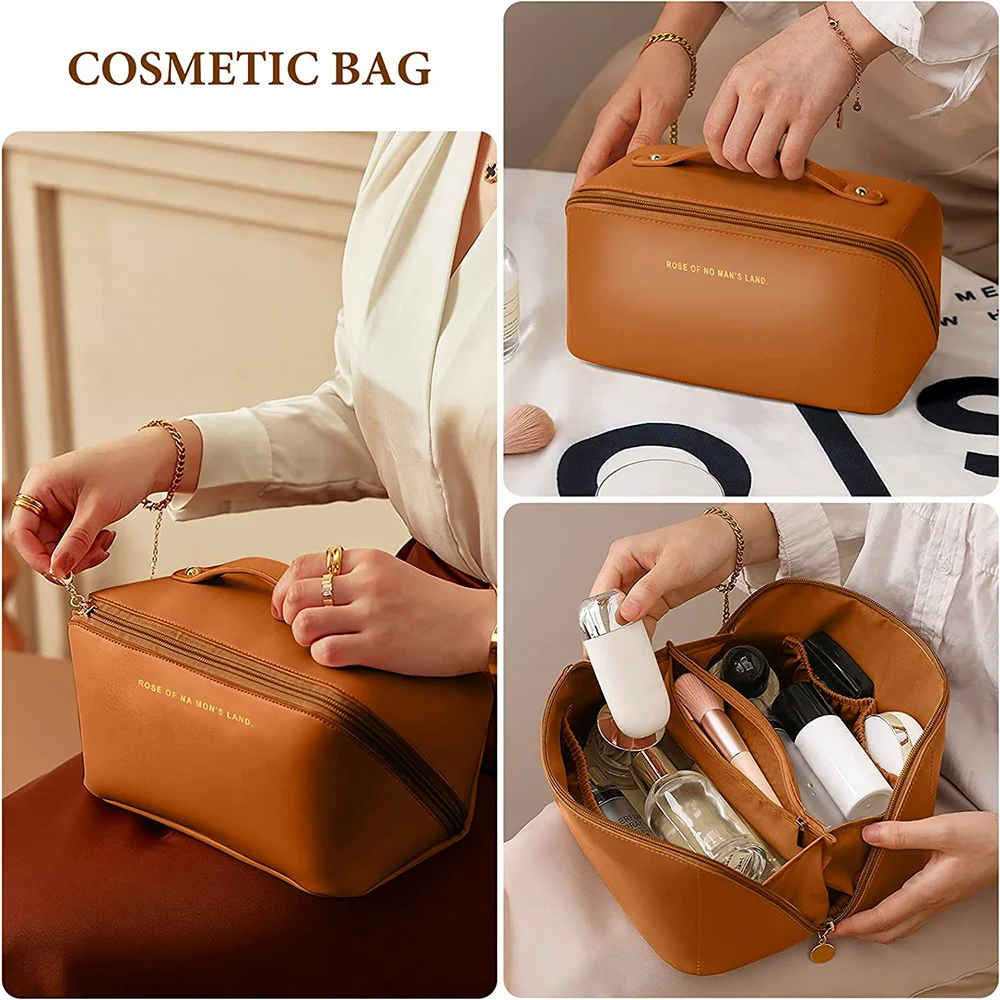 Bolsa cosmética de grande capacidade para mulheres, bolsa portátil de maquiagem PU, lavatório impermeável para banheiro, kit multifuncional de higiene pessoal