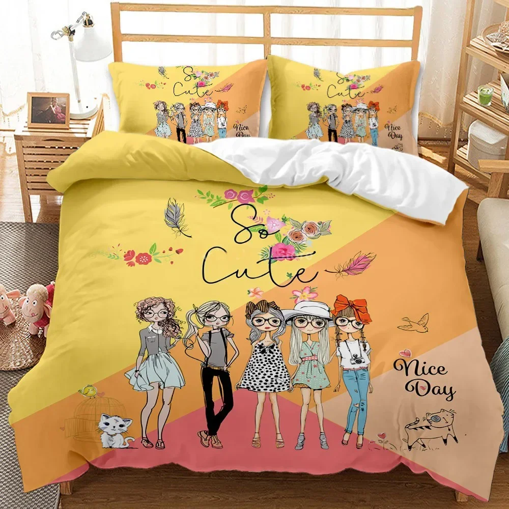 3D Printed Fashion Cartoon Girl Scenery Comfortable Duvet Cover Pillowcase Bedding Set Children Bedroom Decoration Home Textile