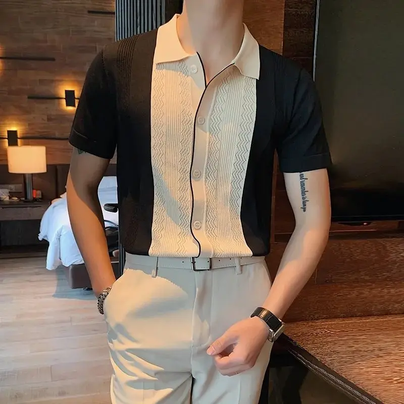 Korean Summer Men Knitted Shirts Streetwear Fashion Male Clothes New Contrast Color Slim Fit Short Sleeve Business Casual Tops