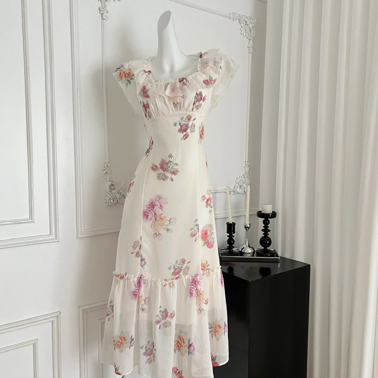 

Vintage Elegant chiffon square neck Dress A-line Chic Casual Beach Vacation Women Summer dresses