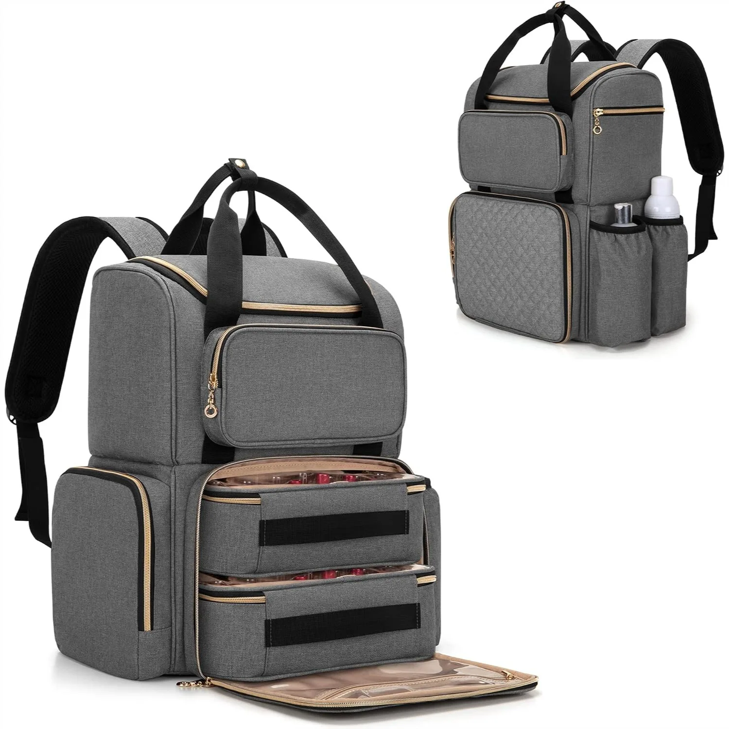 

Nail Polish Organizer Backpack Holds 70 Bottles and Nail Lamp with Removable Cases and Tool Pockets, Gray