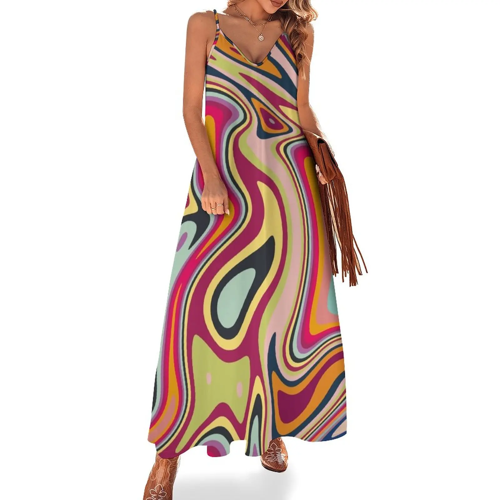 

70s Retro Abstract Liquid Swirl Pattern Sleeveless Dress Long dress Casual dresses