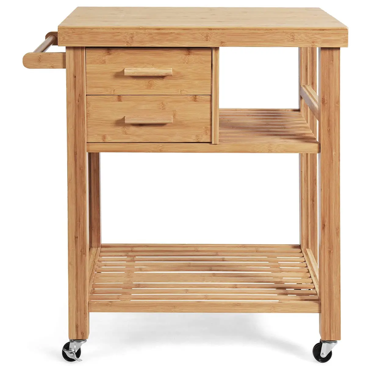 Bamboo Kitchen Island Cart with Butcher Block Top, Drawers, Shelves, Towel Rack & Wheels, Customized