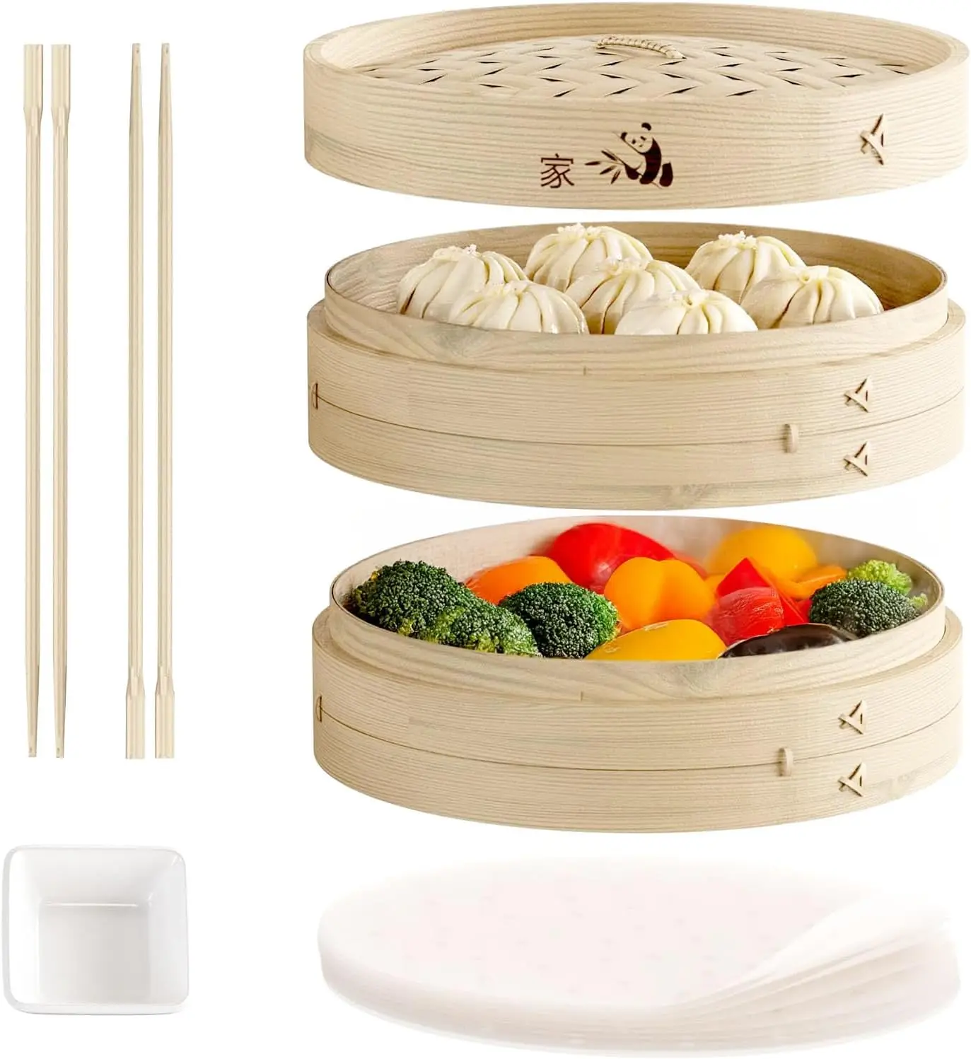 

Bamboo Steamer Basket 10-Inch | 2-Tier Steamer for Cooking | 50 Liners, Chopsticks, Sauce Dish | Steaming Asia