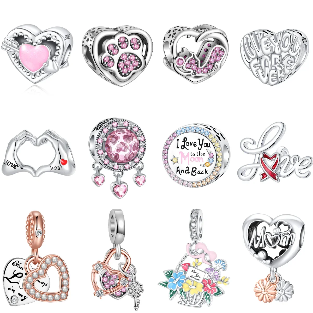 Original 925 Sterling Silber Charms Rosa Herz Katze Klaue Bunte Blume Fit Anhänger Armbänder Halskette Frauen DIY Edlen Schmuck