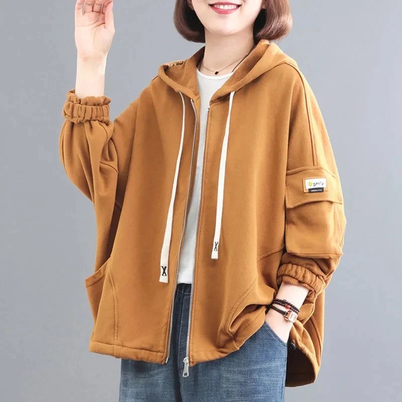 

2025 Spring Autumn New Korean Loose Hooded Cardigan Solid Color Women's Jacket Casual Black Sweatershirt Women Zipper Blouser