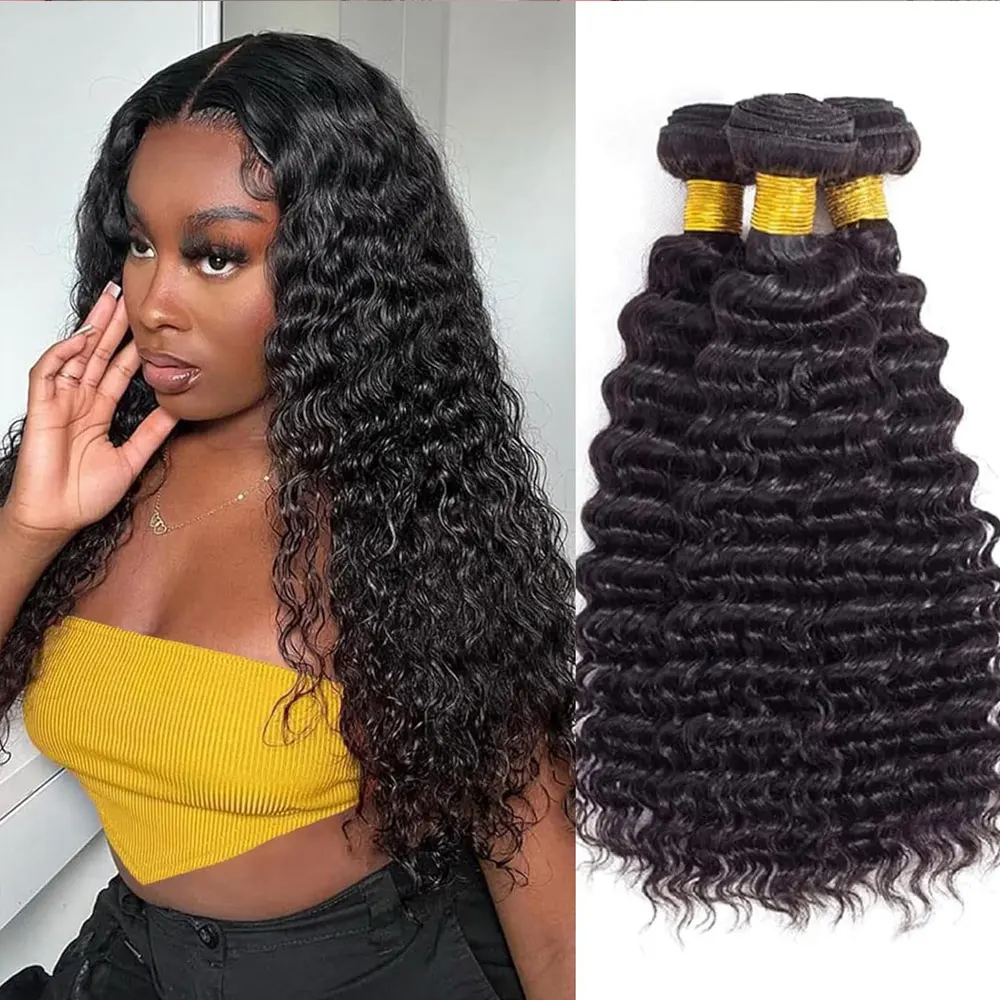 ナチュラルカラー ブラジリアンバージンディープウェーブバンドル 100%未加工ディープカーリー人毛 1 3 4バンドル グレードディープウェーブ人毛