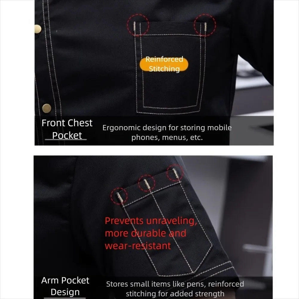 Tragbare, atmungsaktive Mesh-Kochuniform, kurzärmelige, verdickte Koch-Arbeitskleidung, verschleißfeste schwarze Kochjacke, Unisex