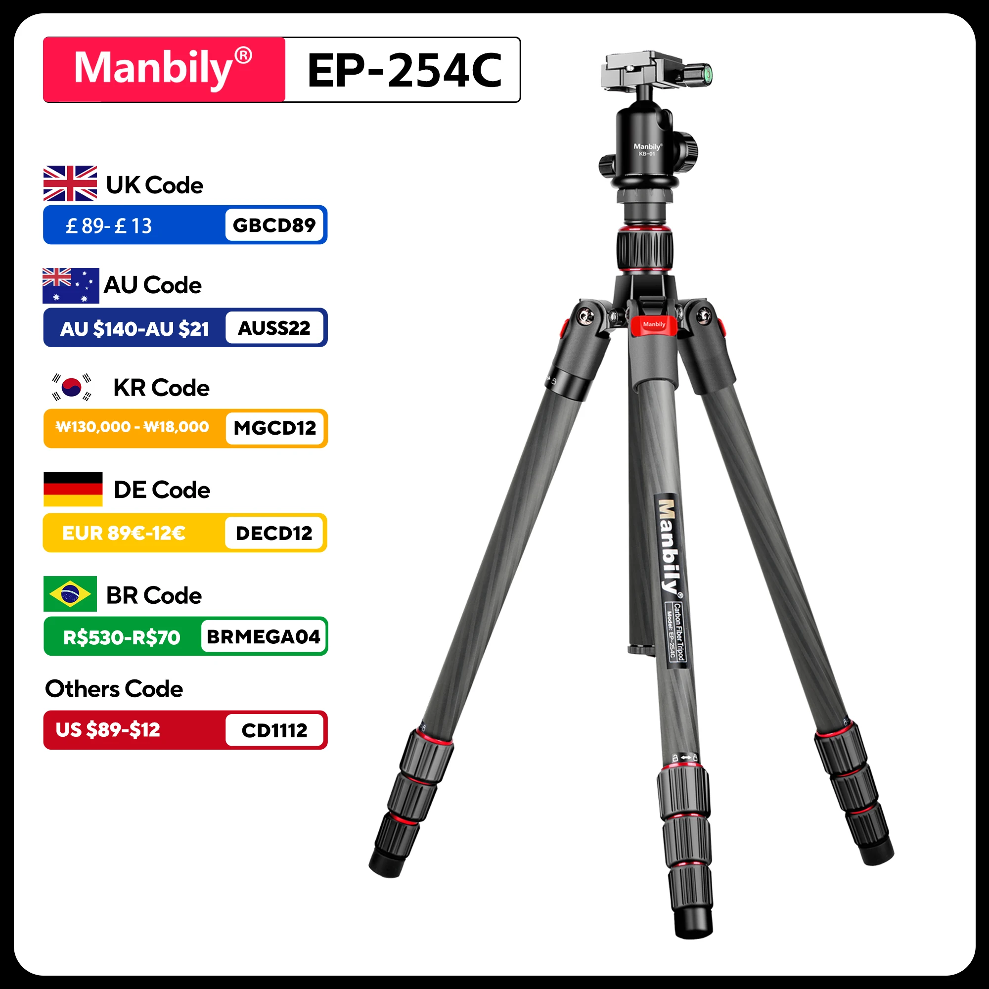 

Manbily EP-254C Carbon Fiber Tripods Lightweight Panorama Photography Stand With Ball Head Max Load 15kg