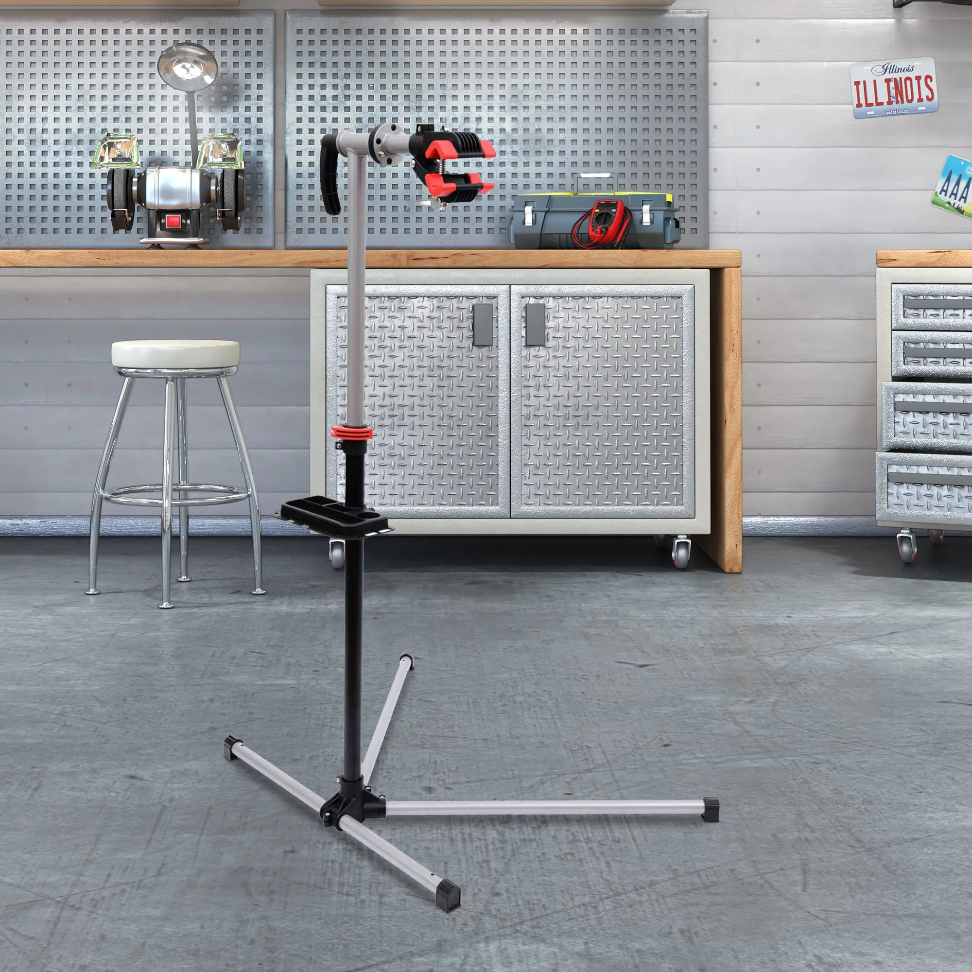 HOMCOM Soporte de Reparación Portátil Caballete de Bicicleta para Hogar con Altura Ajustable 109-180 cm Giratorio 360° Bandeja de Herramientas Hasta 30 kg 100x66x180 cm Negro