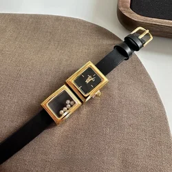 Classic Gold Women's Wrist Watch Double Square Design Light Luxury Pearl Vintage Exquisite Women's Quartz Watch Reloj Mujer