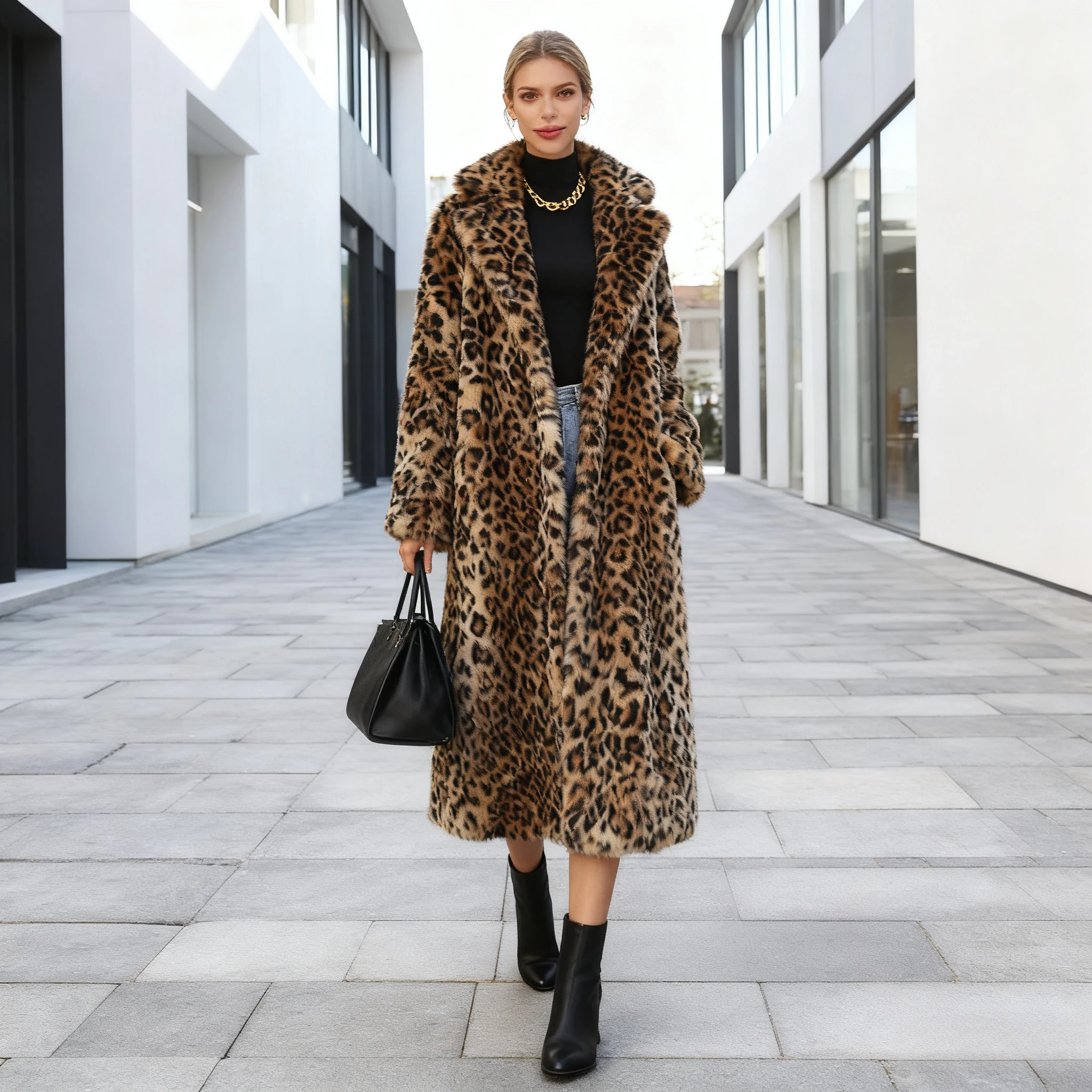 women Long Coats Autumn Winter Leopard Faux Fur Print Jackets furry Y2K highstreet Maxi Punk Gothic Coat Thick Warm Open Stitch