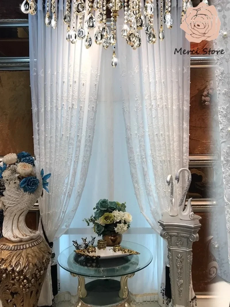 French Romantic Curtains for Bedroom Living Room Light Transparent Roman Pearl Yarn Balcony Window Custom Made Drapes