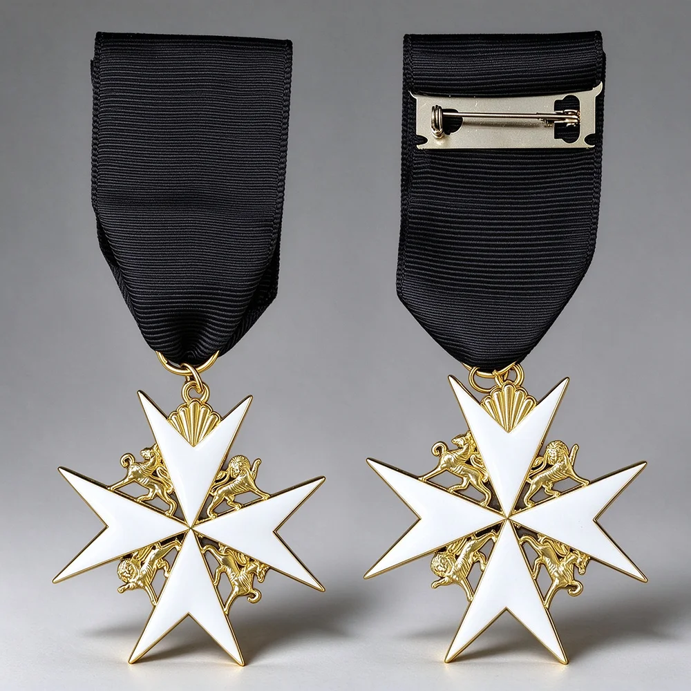 Order of St John Medal Maltese Cross with Four Lions, Black Ribbon Brooch, Chivalric Knight Order Badge Collection Golden Style