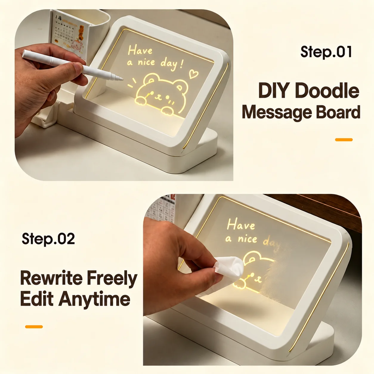 Multifunctional Pen Holder Night Light Acrylic DIY Message Board USB Rechargeable Display for Card Badge Photo Desktop Organizer