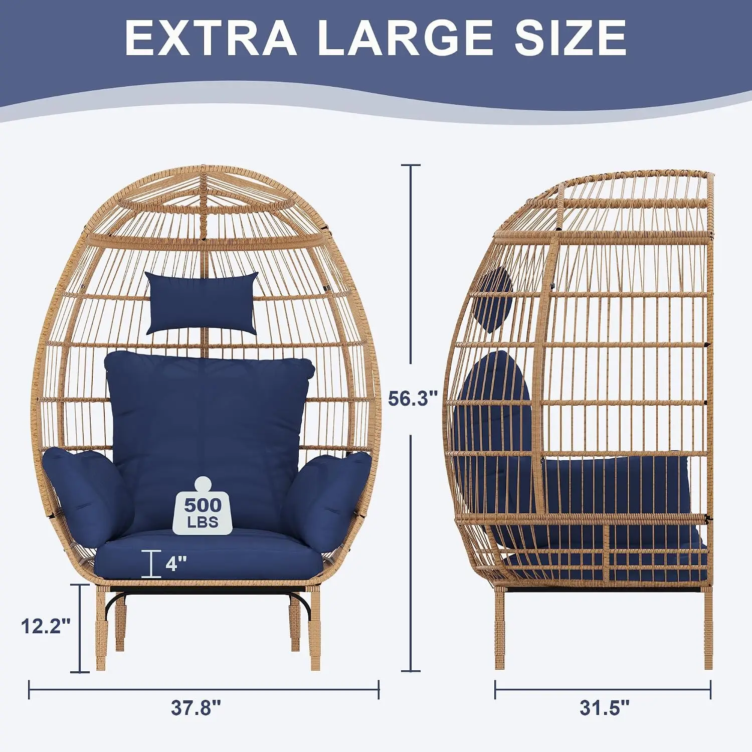 Wicker Egg Chair Outdoor, Oversized Egg-Shaped Chair w/Metal Frame Stand, 500 Lbs Capacity Oversized Attan Egg Lounge Chairs