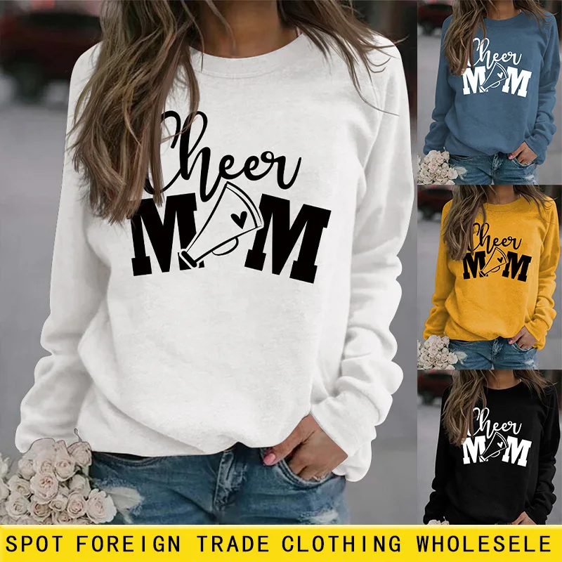 Autumn and Winter Cheer Mom Letter Print Casual Round Neck Sweater Long Sleeve Top