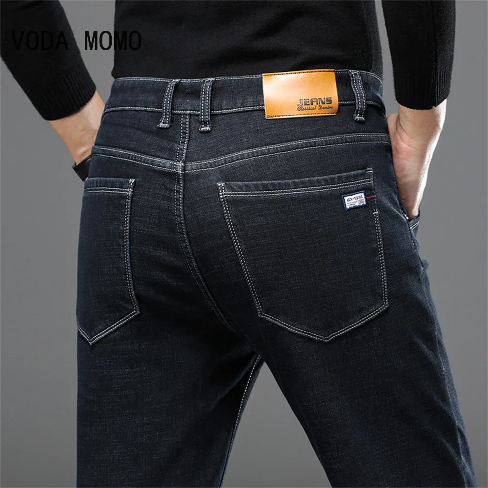 

2025 Winter Men Black Slim Fit Stretch Thick Velvet Pants Warm Jeans Casual Fleece Line Trousers Male jeans pants men